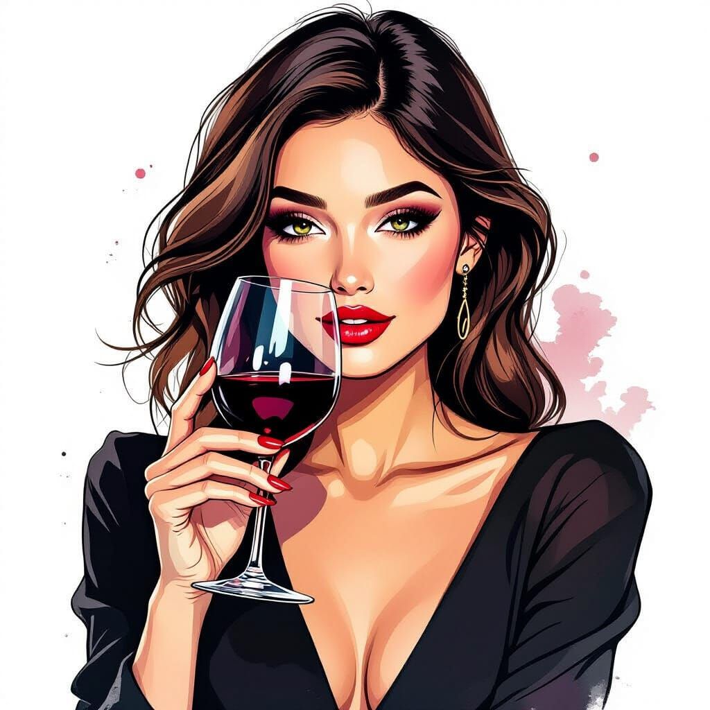 Woman with Wine Glass in Expressive Watercolor Style