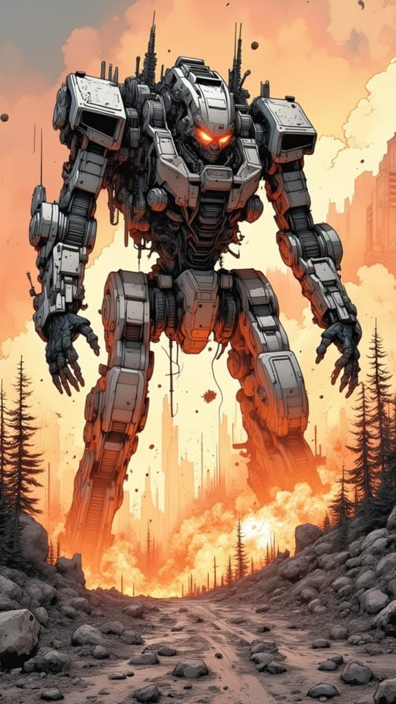 Robots Battle in Mountainous Forest, Comic Book Art