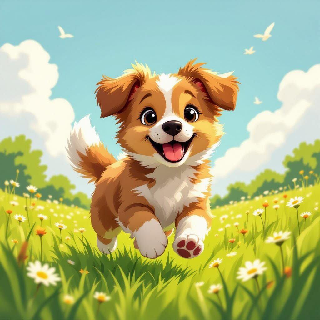 Dachshund Runs Through Sunny Meadow in Pastel Style