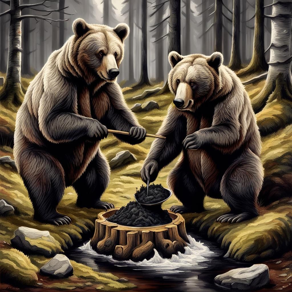 Bears Prepare for Winter: Charcoal Drawing