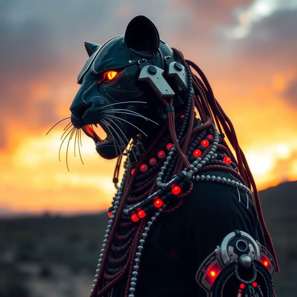 Afrofuturistic Masai Cyborg Jaguar in Golden Light