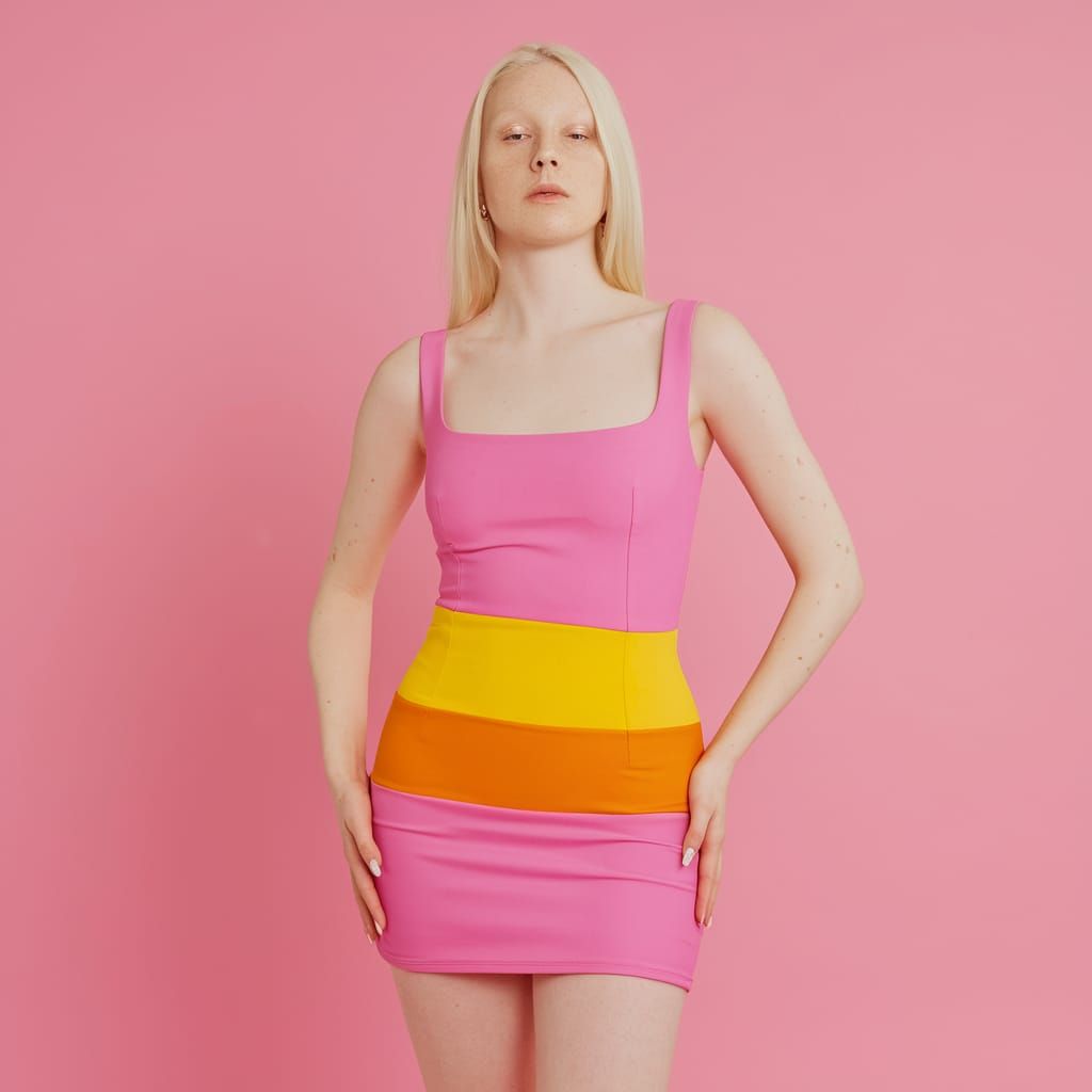 Albino Model in Pink, Yellow, and Orange Dress