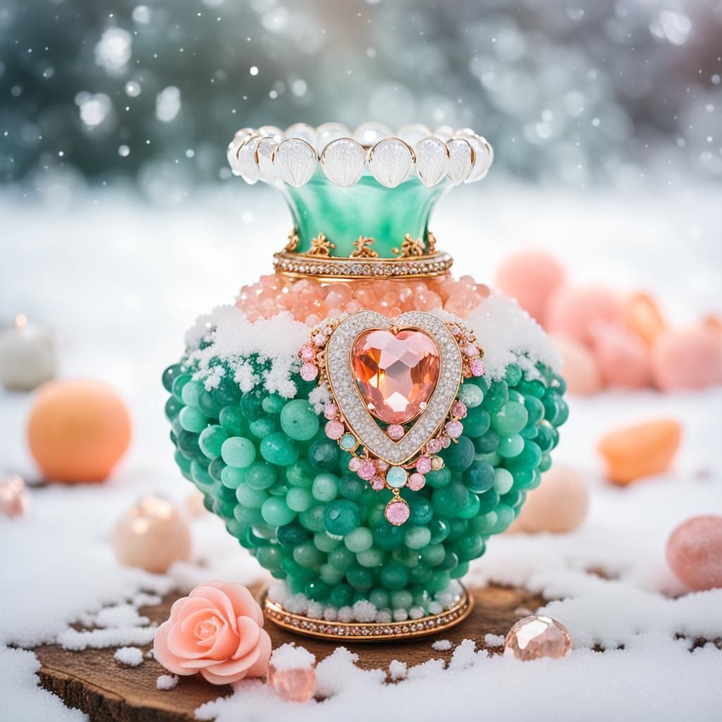 Crystal Vase with Jade in Winter Landscape