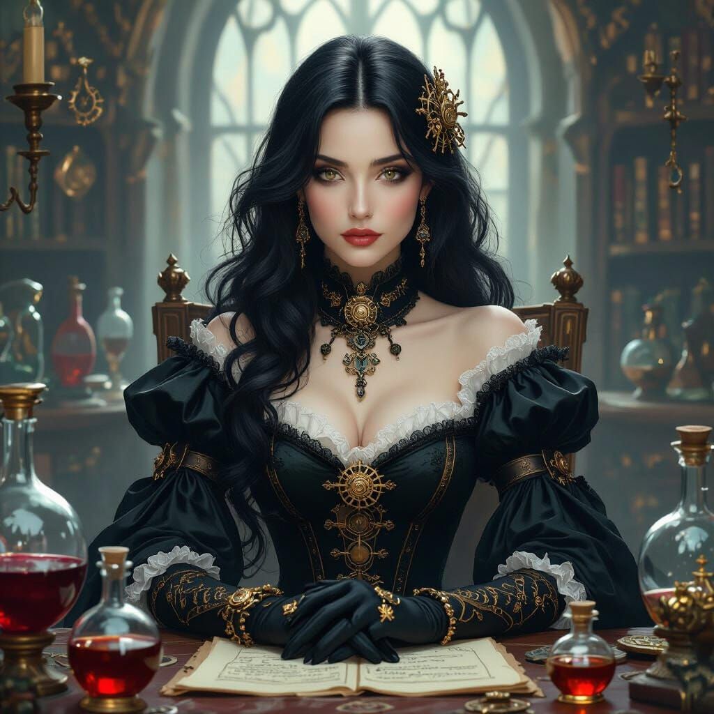Steampunk Sorceress in Alchemist's Study, Pre-Raphaelite Sty...