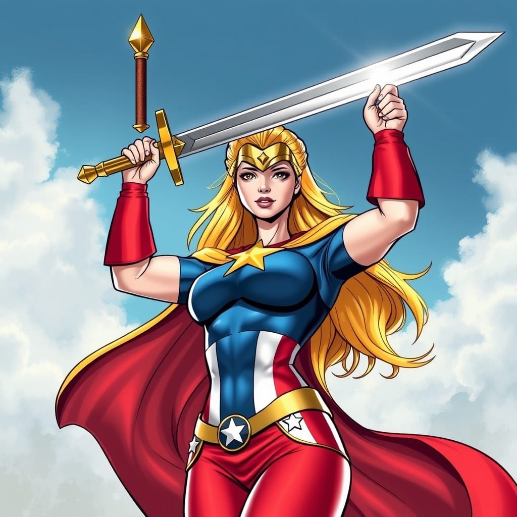 Comic Book Art of Stargirl as Captain America with Excalibur...