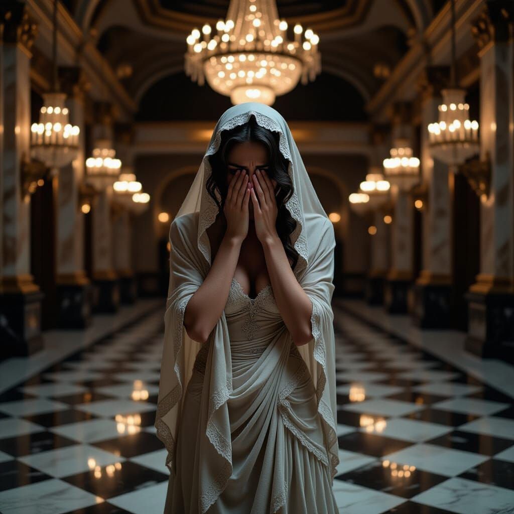 Sorrow in a Ballroom: A Photorealistic Cinematic Portrait