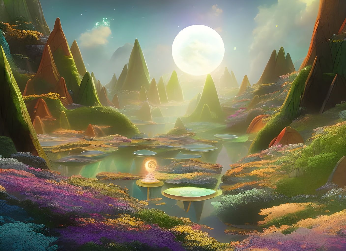 Elven Light Portals in Colorful Fantasy Landscape