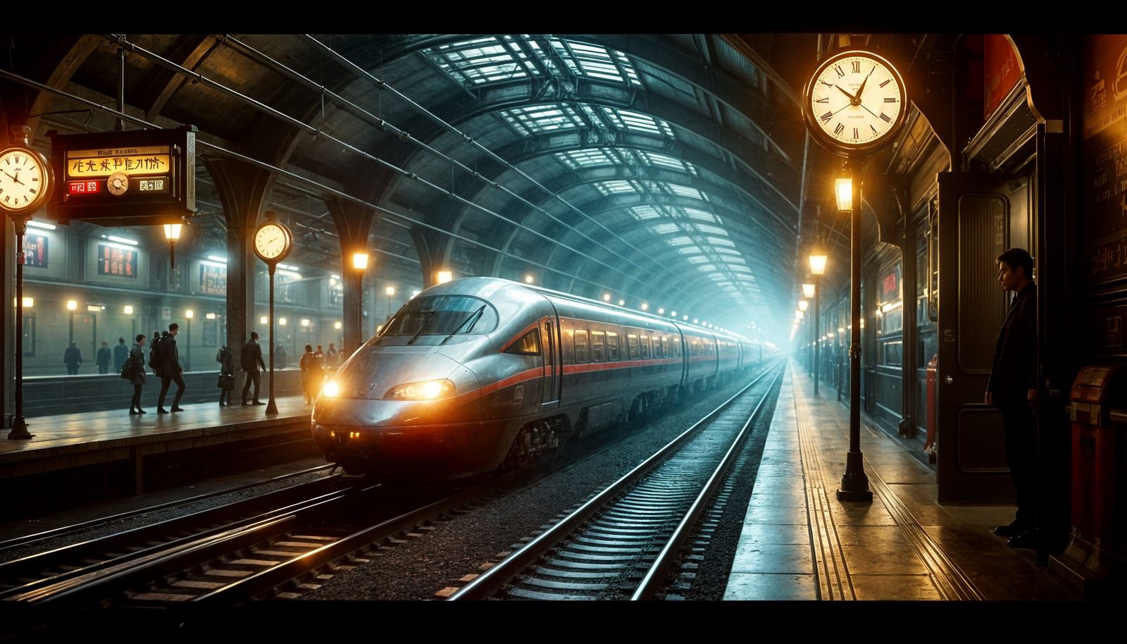 Bullet Train Arrives at Dimly Lit Underground Station