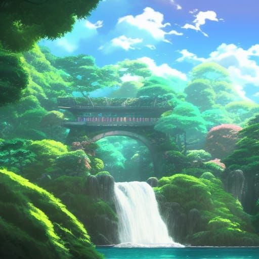 Lush Temple Gardens: A Ghibli-Inspired Anime Scene
