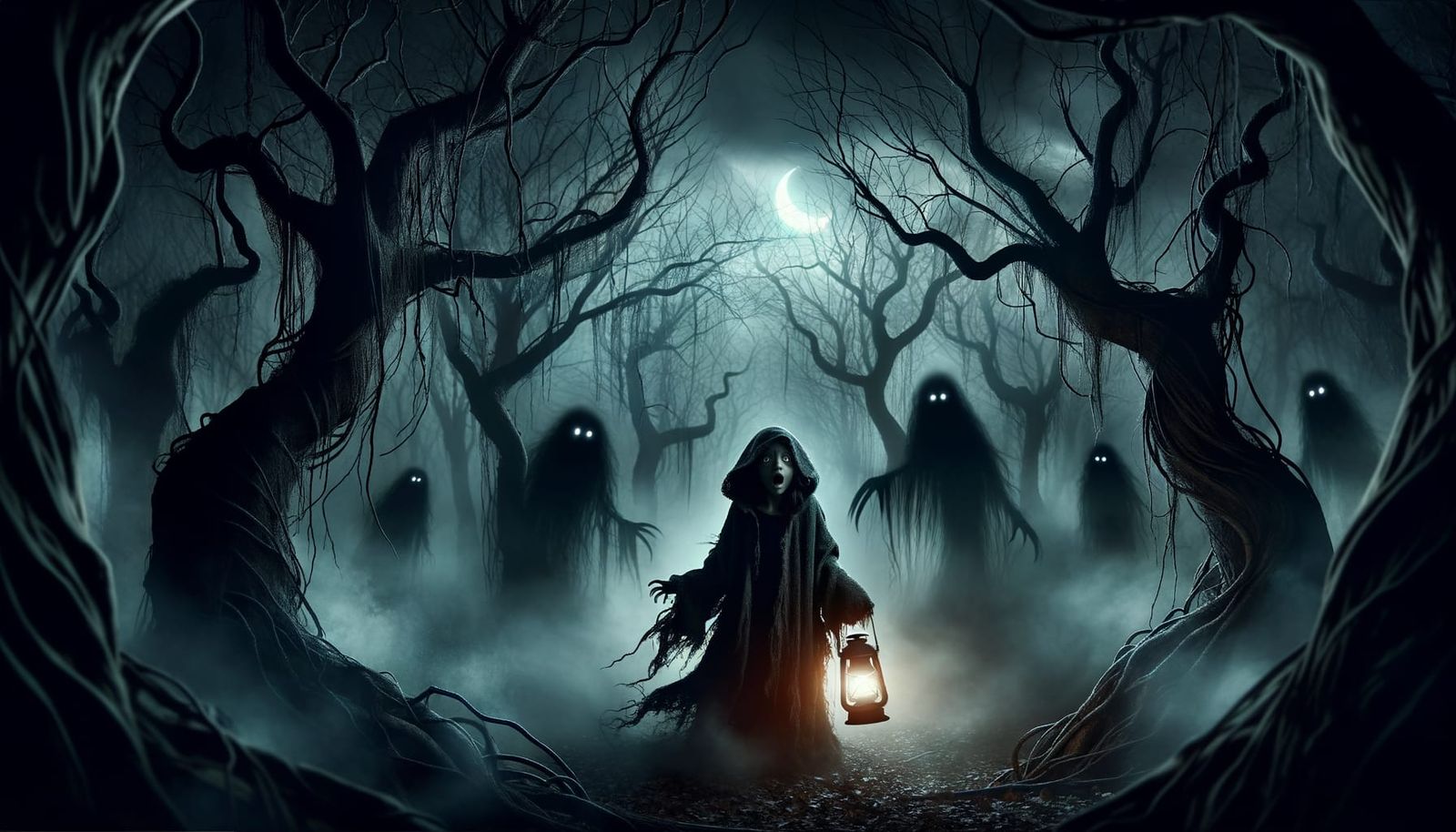 Eerie Haunted Forest with Girl and Lantern