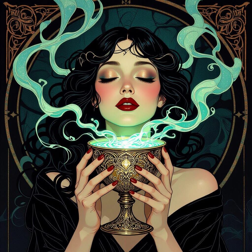 Ecstatic Woman Drinks Luminous Poison from Ornate Chalice