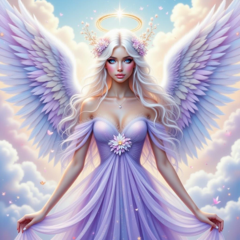 A luminous digital fantasy portrait of a serene angel with long, curly white hair and a flowing iridescent purple gown. ...