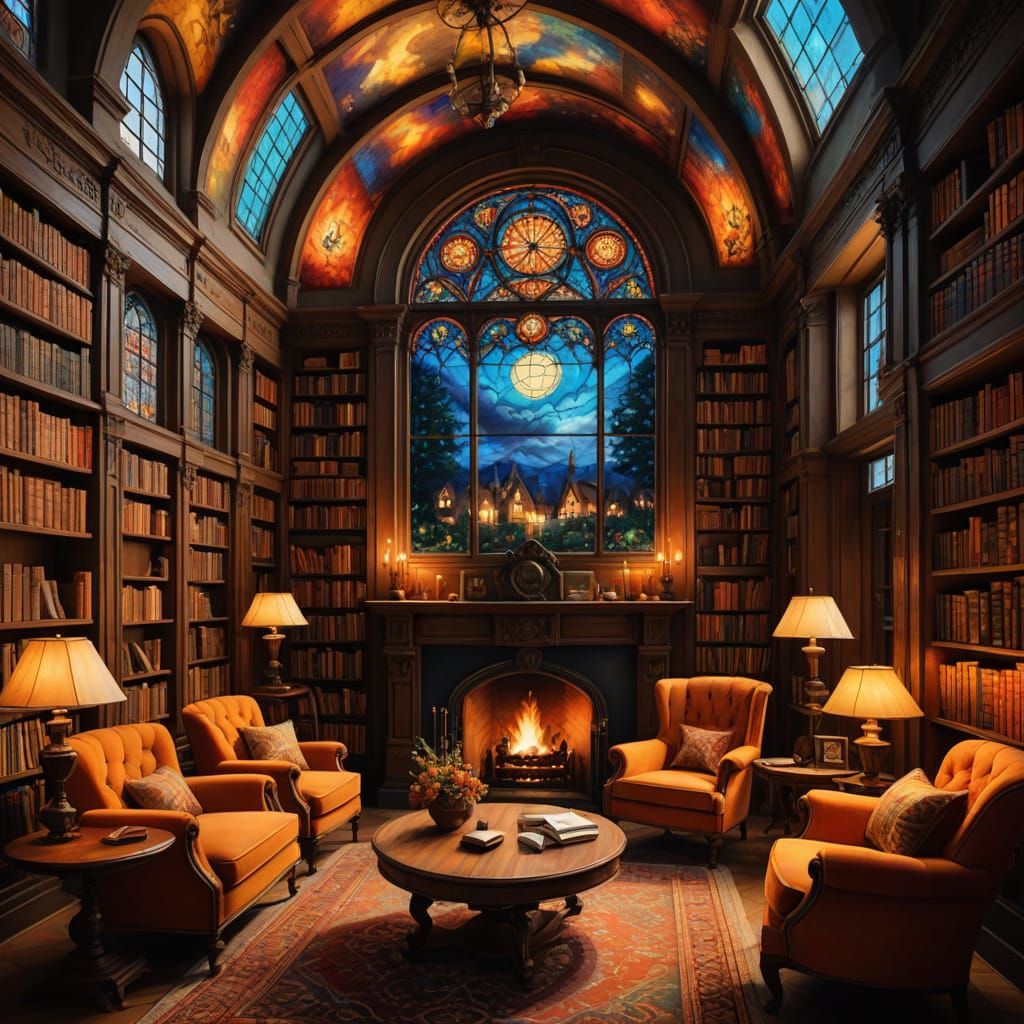 Renaissance Library with Stained Glass in Oil Painting Style