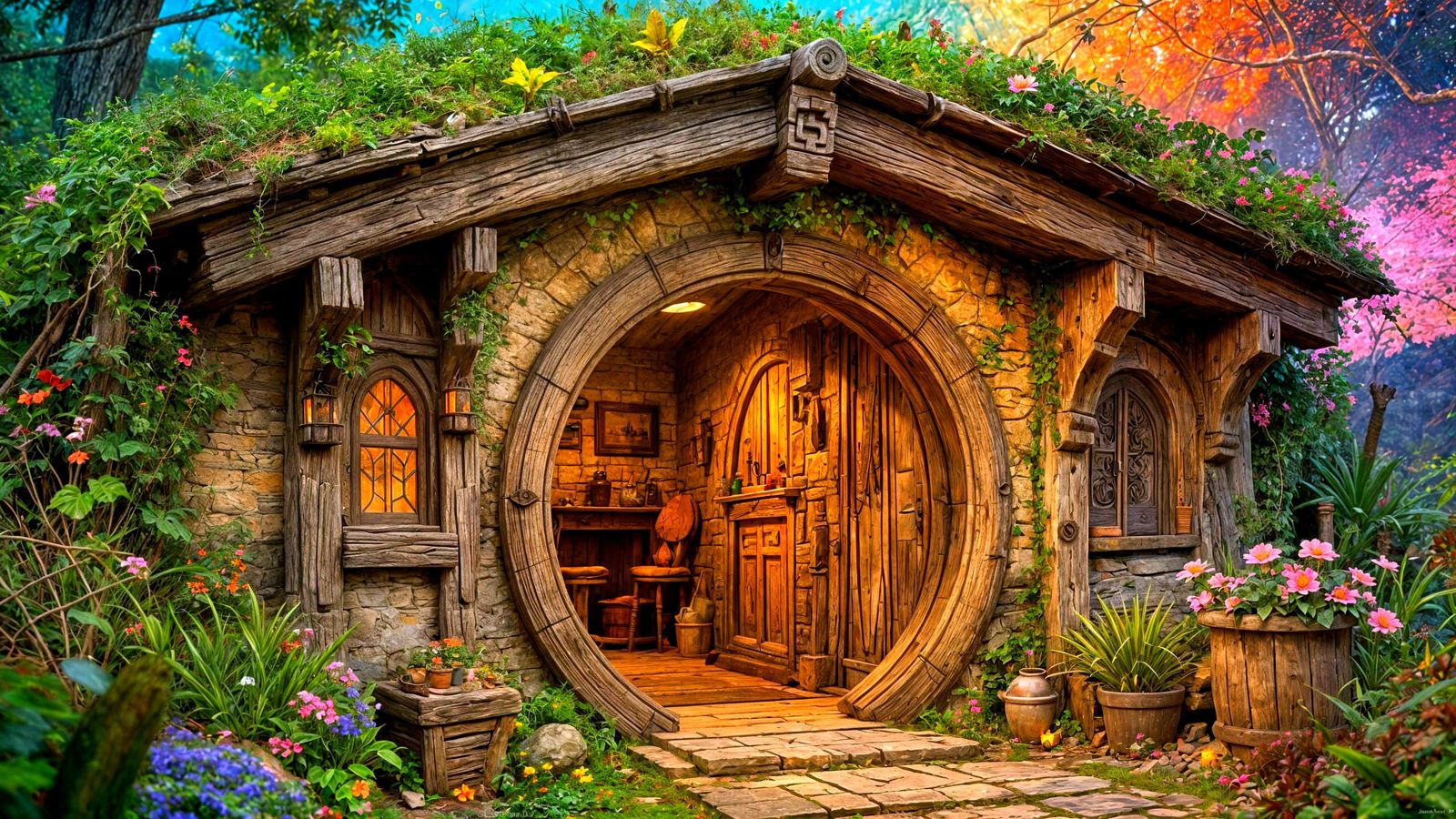 Cozy Hobbit Hole Interior, Hyperrealistic Concept Art