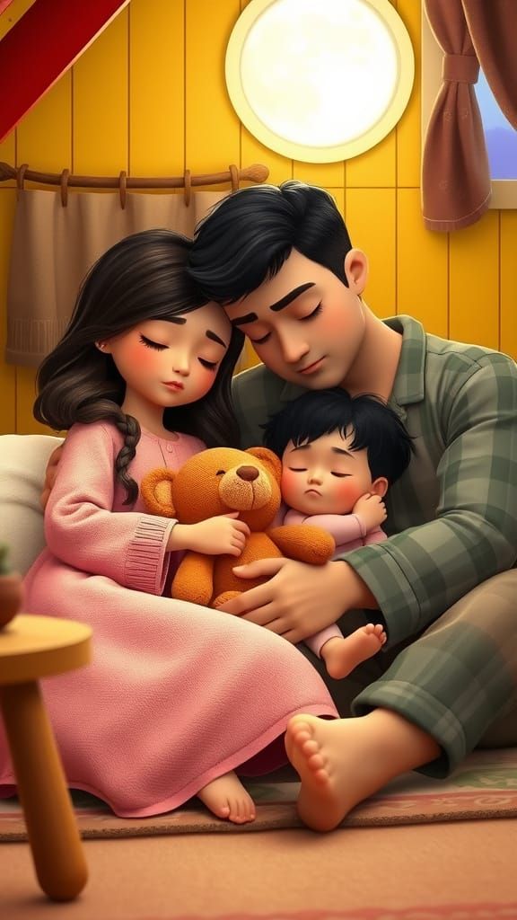 Cozy Family Nap in Cottage, Storybook Illustration Style