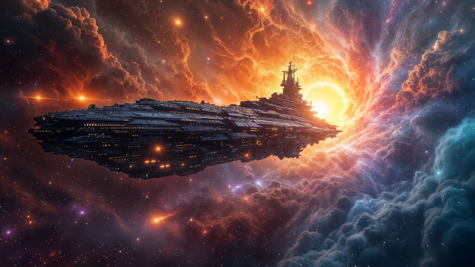 Cyberpunk Battleship Emerges from Solar Flare