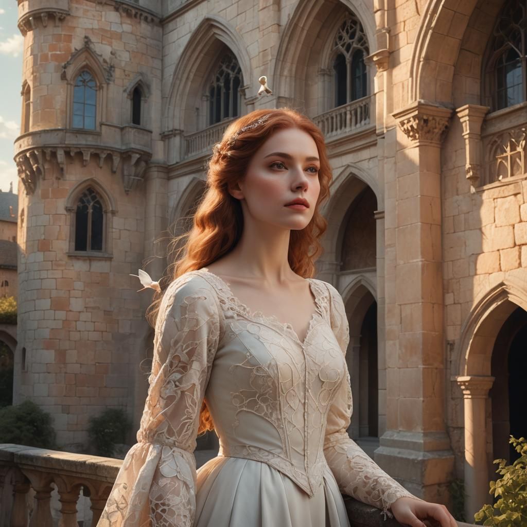 Woman with Bird in Dreamy Castle Courtyard