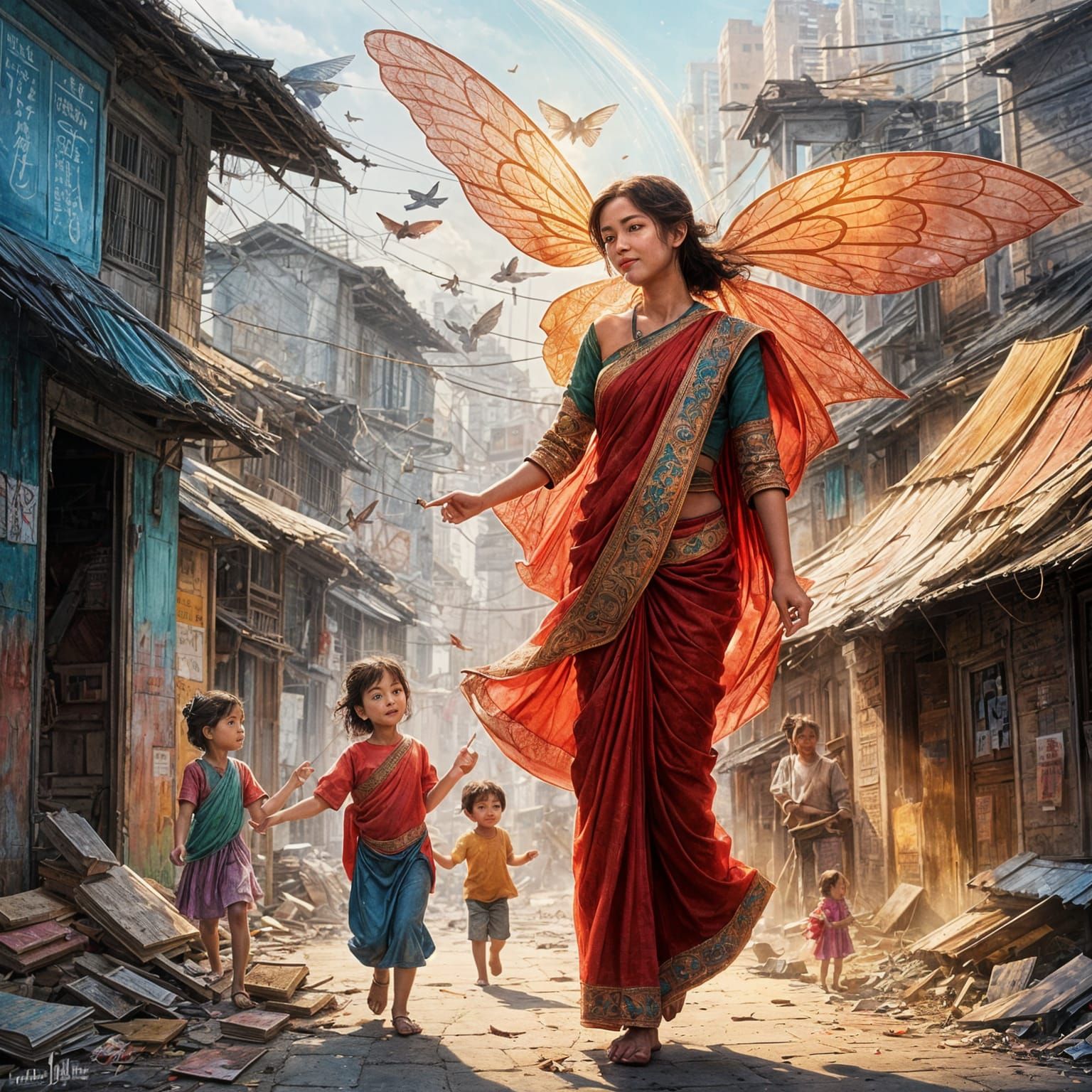 Slum Fairy Teacher with Rainbow Wings