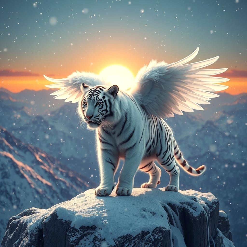 Majestic White Tiger with Feathery Wings at Sunrise