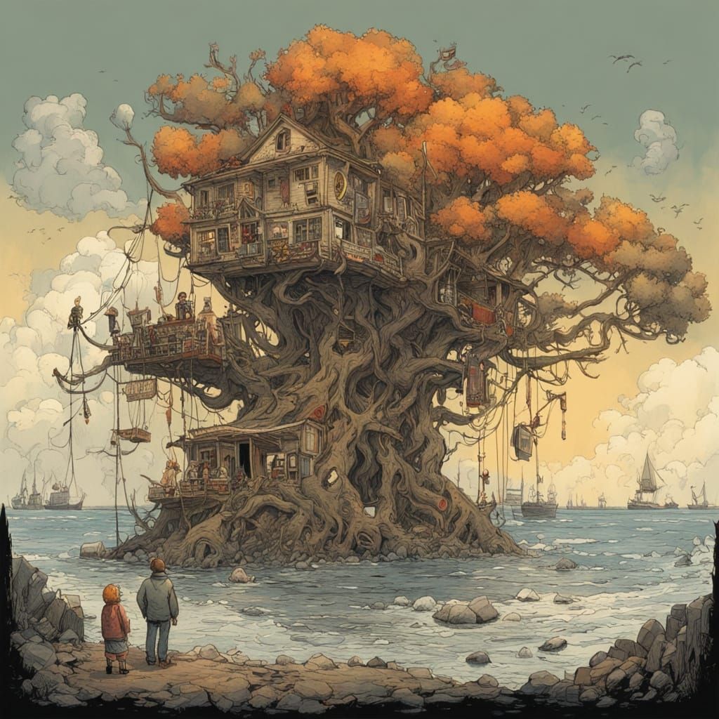 Ancient Tree on Stormy Shore as Gouache Painting