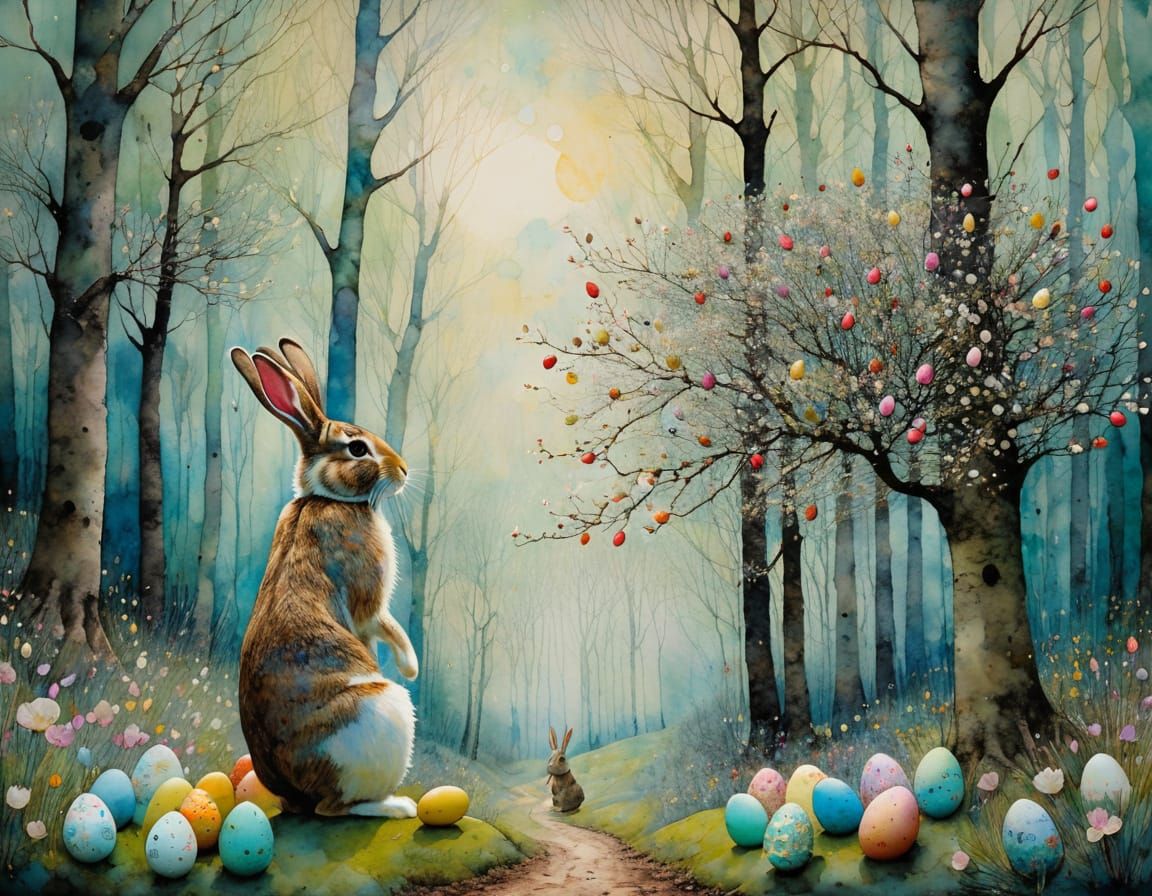 Easter Bunny Collecting Eggs in Whimsical Encaustic Art