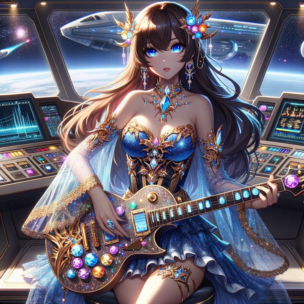 Anime Woman with Celestial Guitar on Starship Bridge