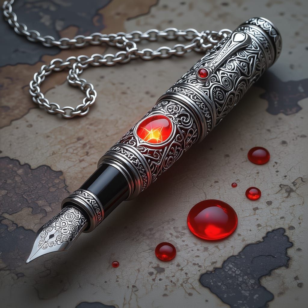 Ornate Silver Fountain Pen Pendant with Mystical Engravings