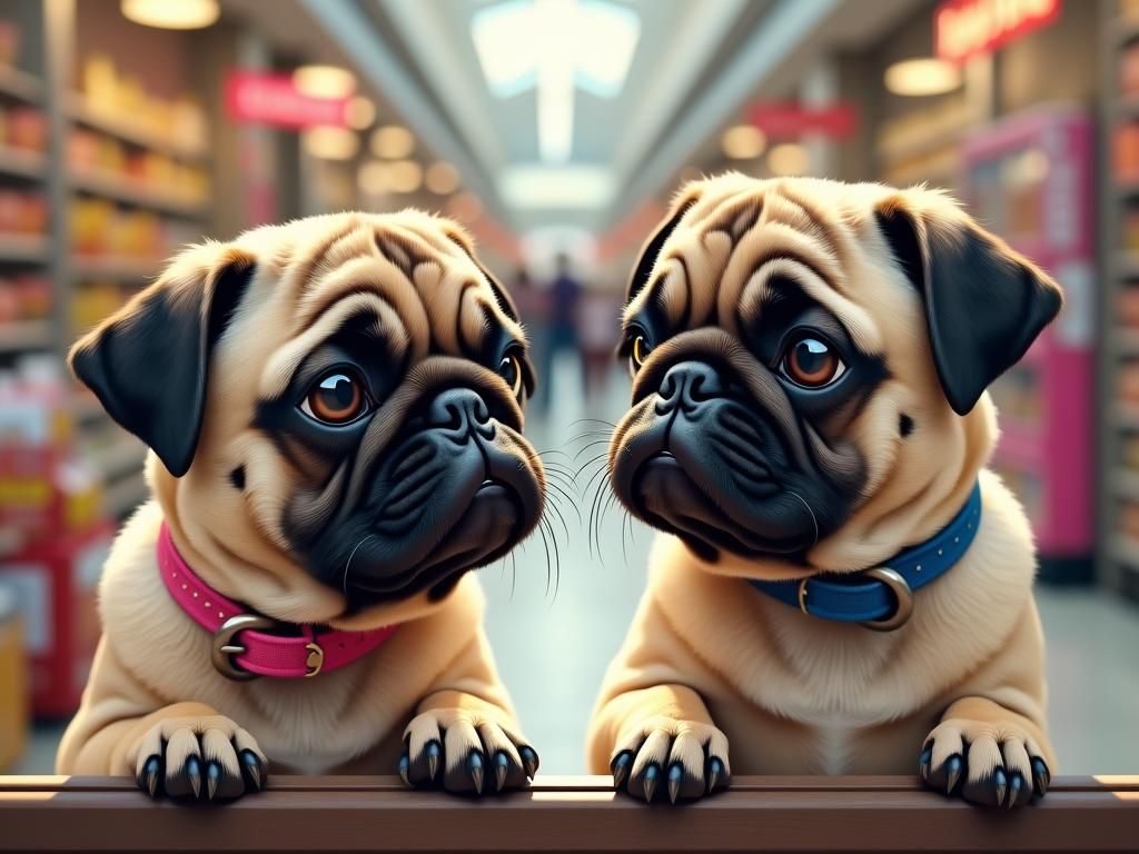 Pugs Admiring Pet Store Toys, Photorealistic