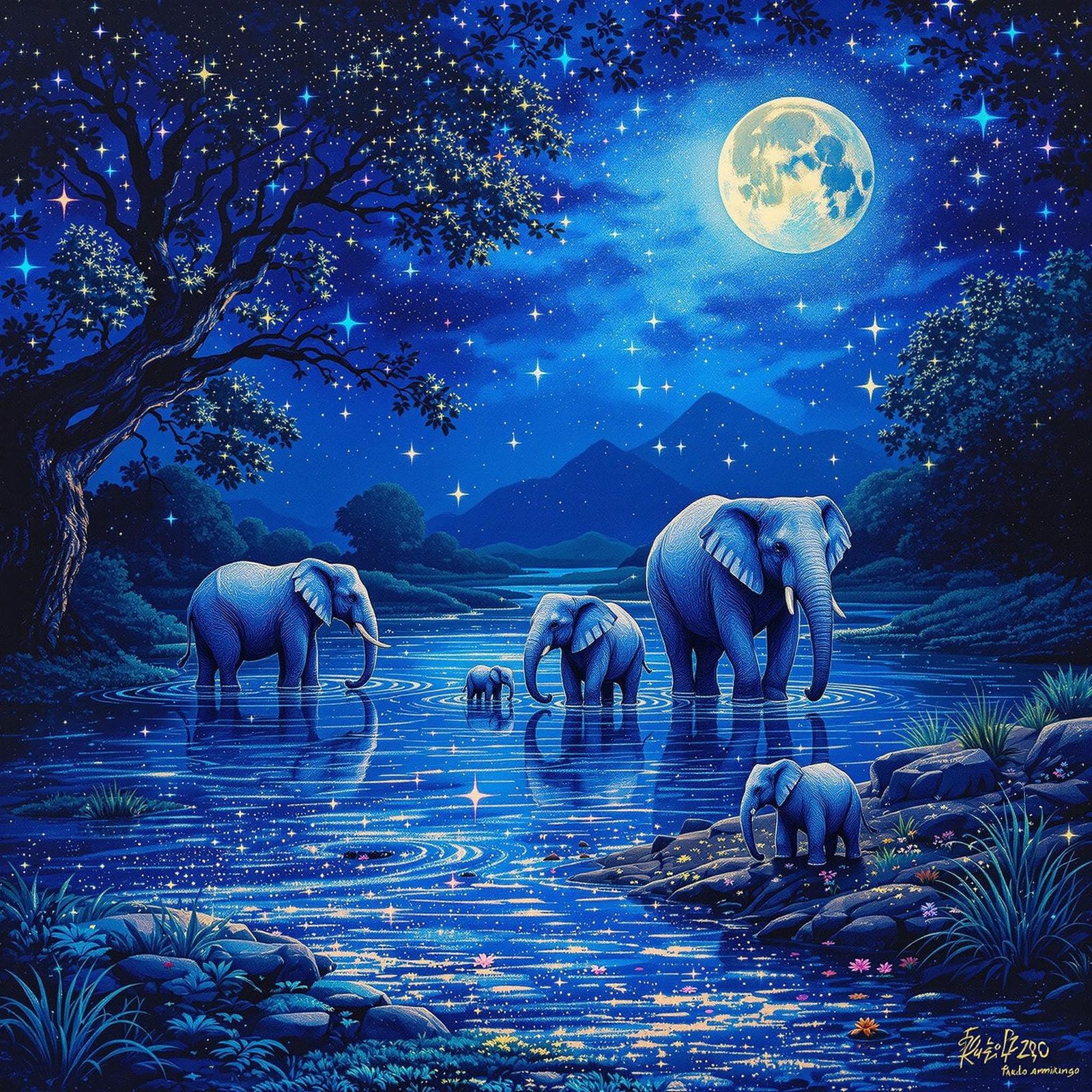 Elephant Family at River in Pointillism Style