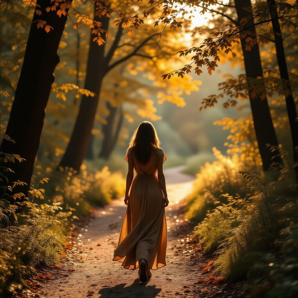Woman Walks Through Autumnal Forest in Hyperrealistic Style