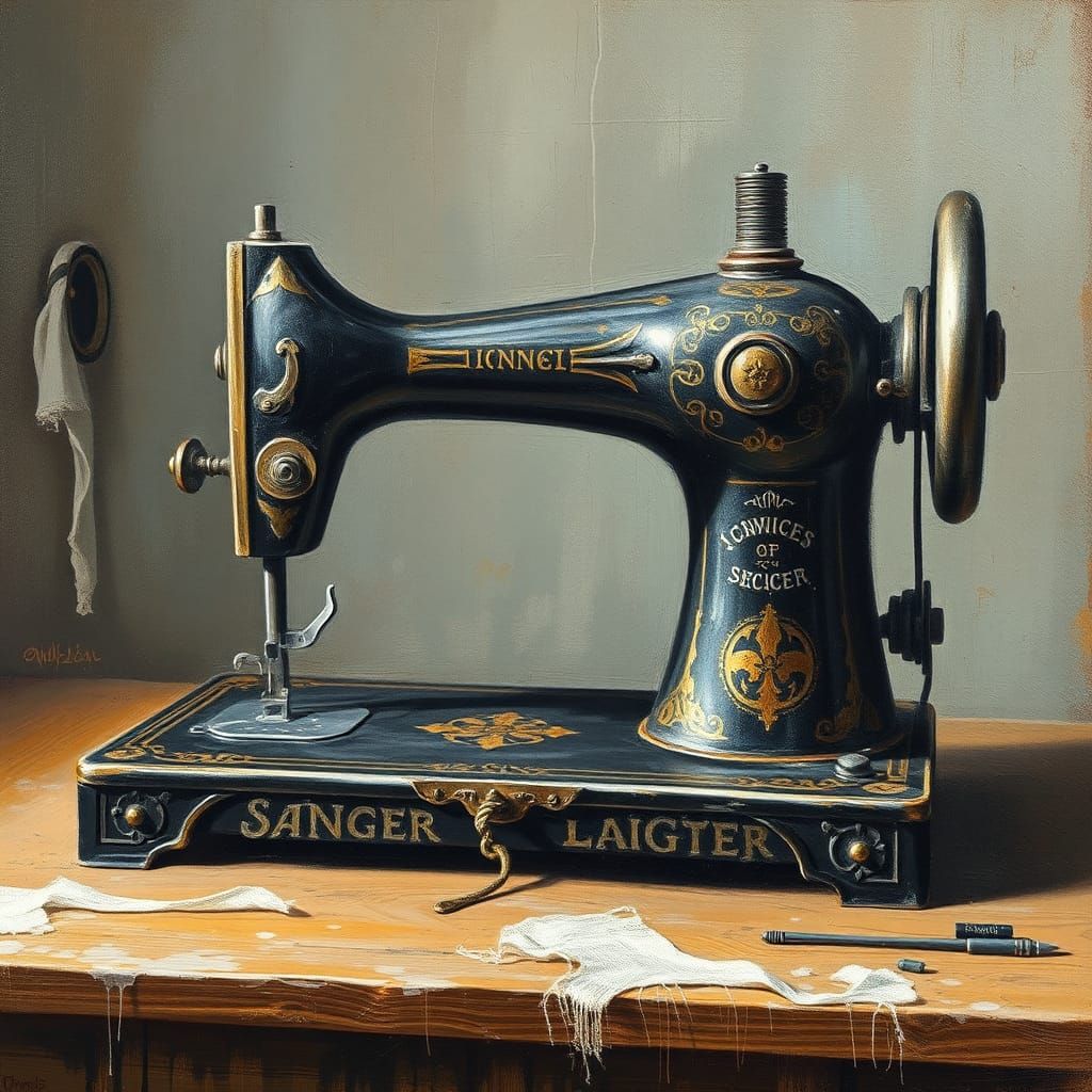 Antique Sewing Machine in Grungy Oil Chalk Style