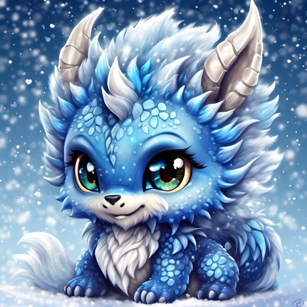 Cute Fluffy Blue Chibi Dragon with Snowflakes