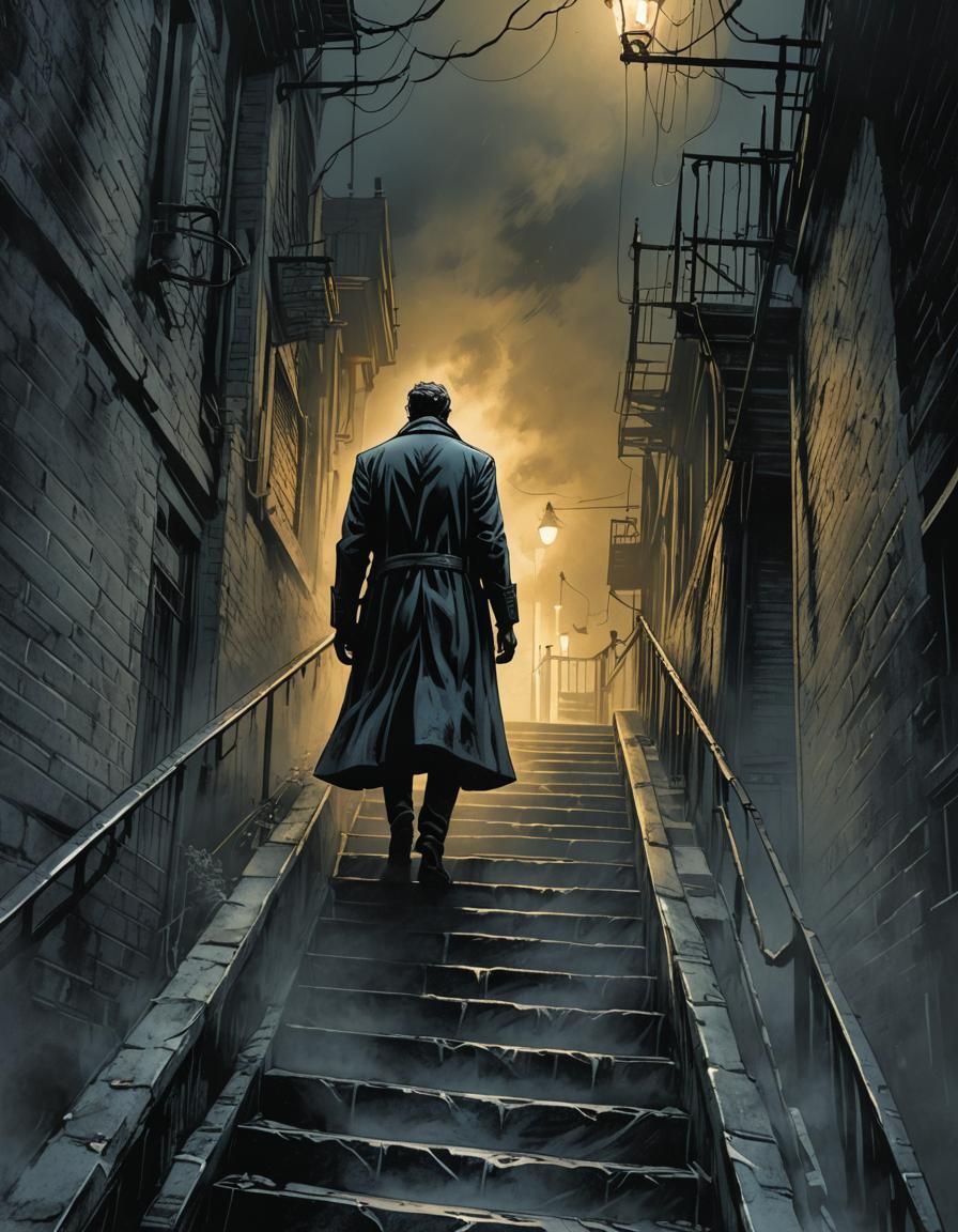 Noir Comic: Mysterious Figure on Shady Stairs