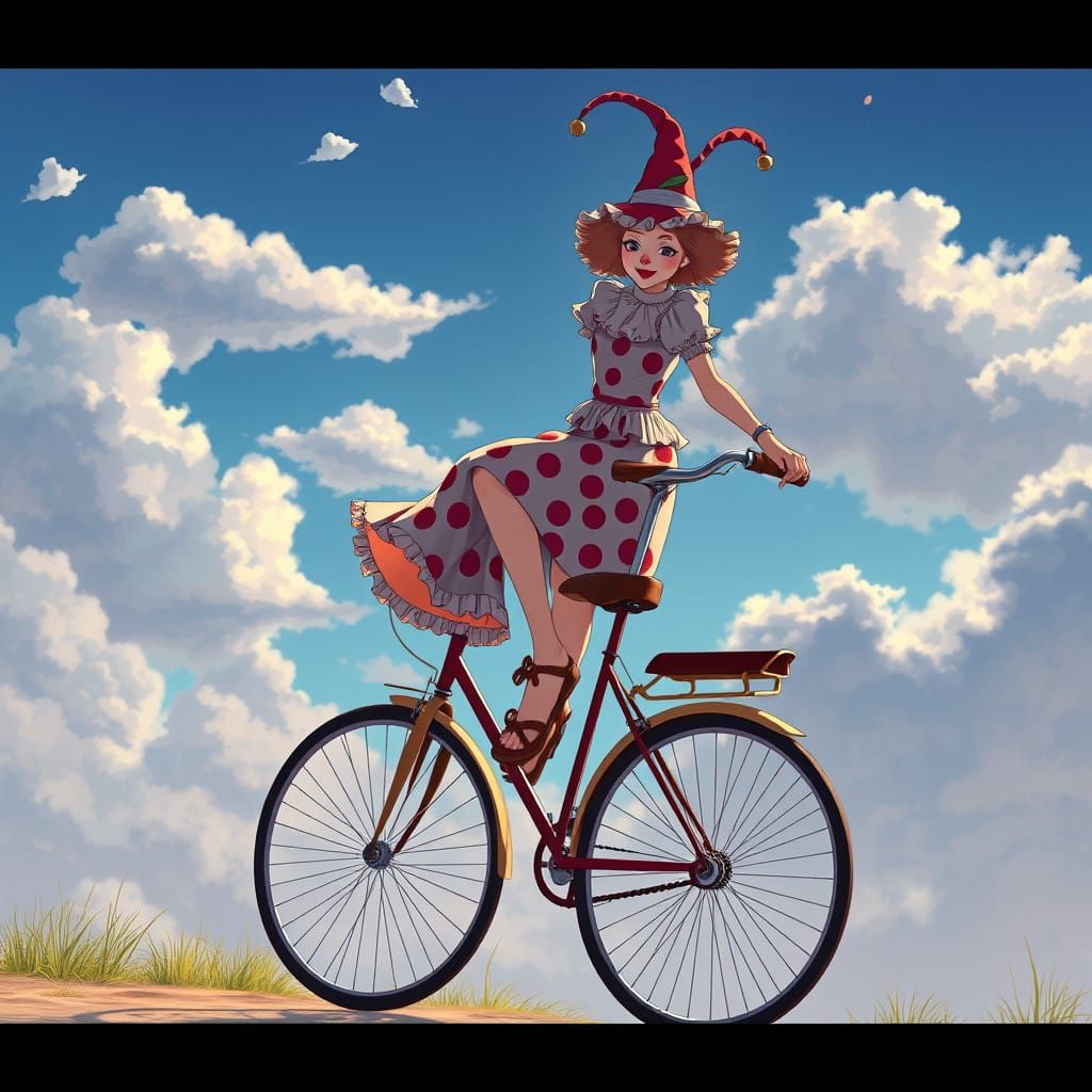 Japanese-Inspired Barefoot Clown on Vibrant Cycle