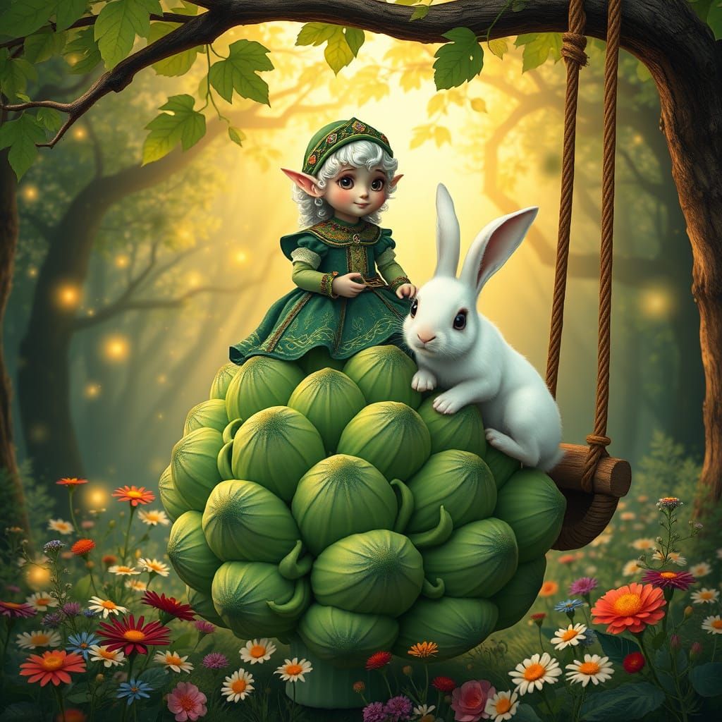 Whimsical Elf Child in Medieval Attire Offers Broccoli to Sn...