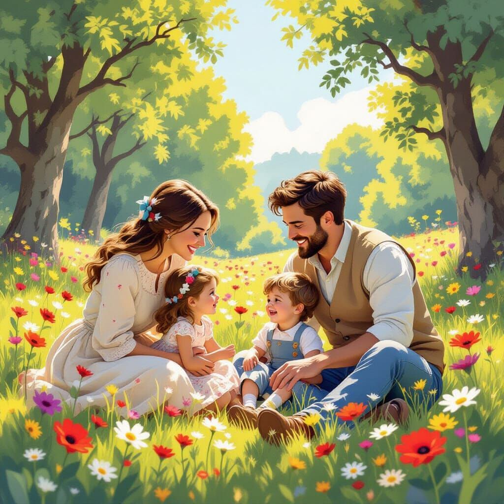 Happy Family in Meadow, Whimsical Art Style