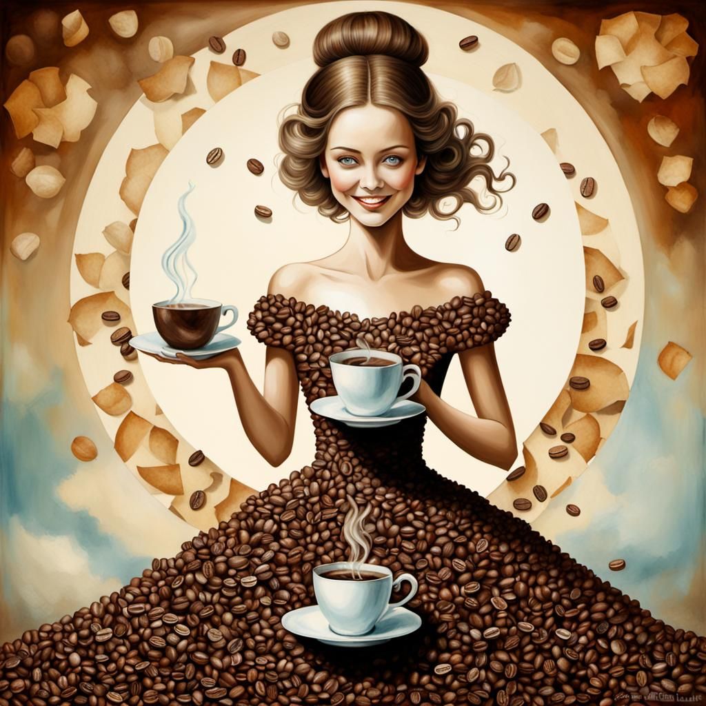 Coffee Woman in Elegant Filter Dress Illustration