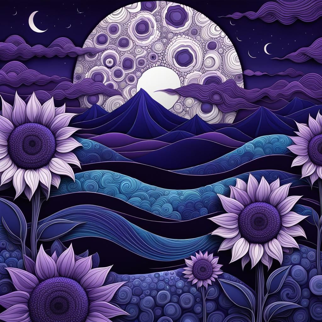 Purple Sunflowers Under Midnight Sky in Abstract Style