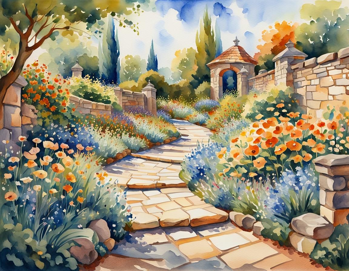 Blooming English Garden as Watercolor Impressionism
