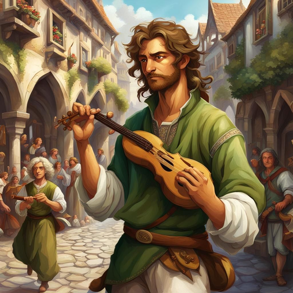 Medieval Bard in Cityscape, Ethereal Fantasy Art