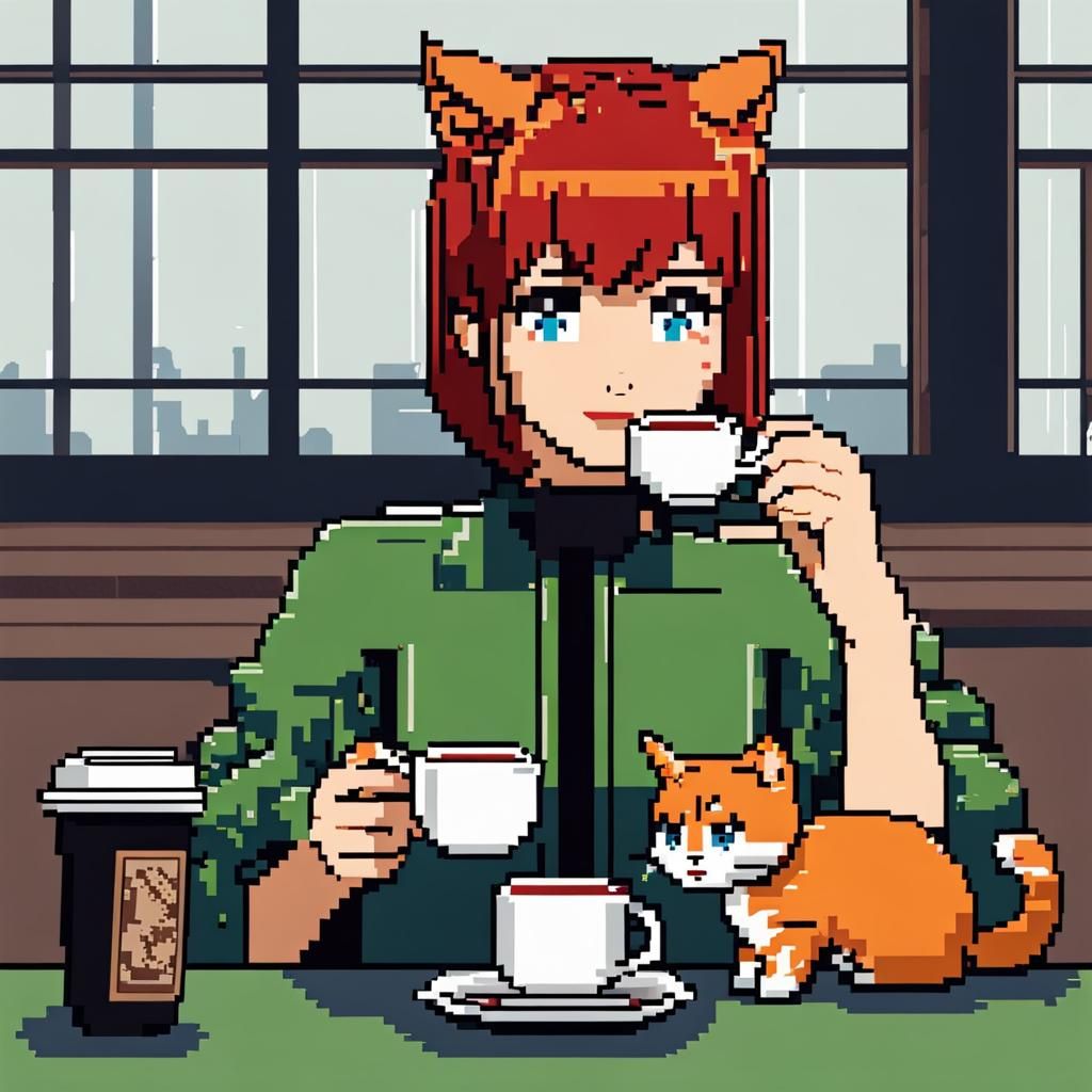 8-Bit Redhead Girl Drinking Coffee with Cat