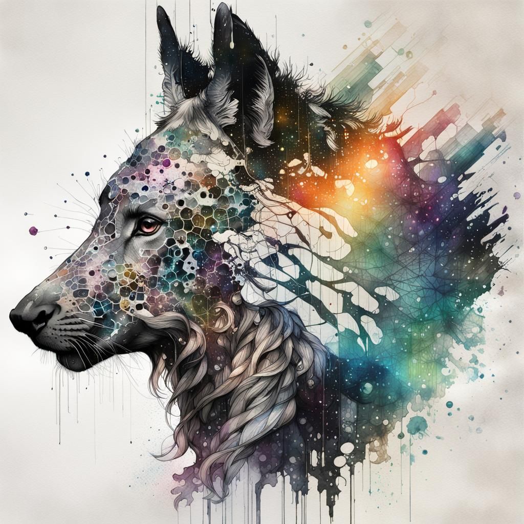 Cyberpunk Animal Ink Drawing with Rainbow Code Matrix