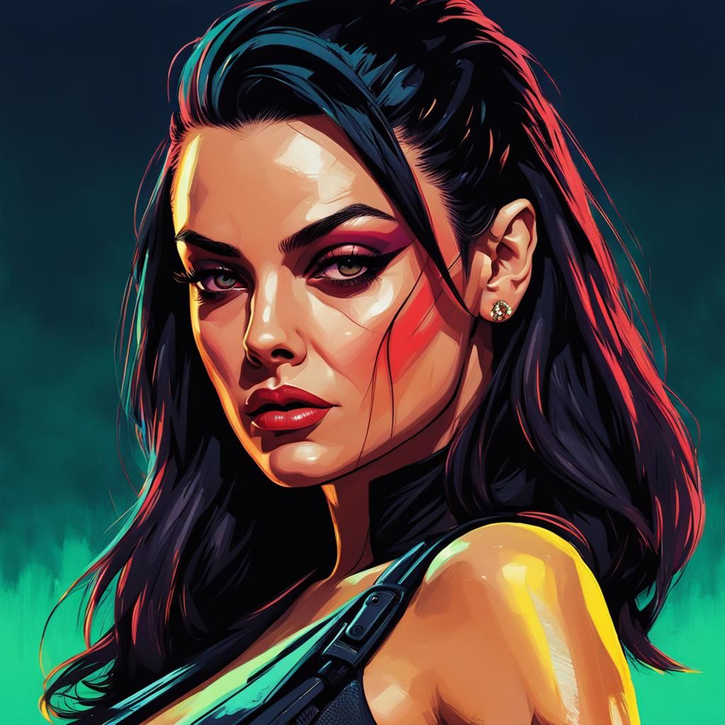 Mila Kunis Cyberpunk Pinup in Neon Cityscape