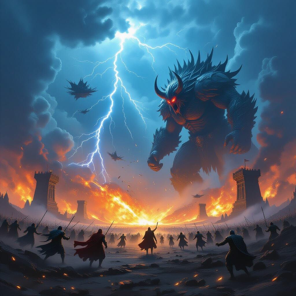 Epic Fantasy Battlefield Clash Under Stormy Skies