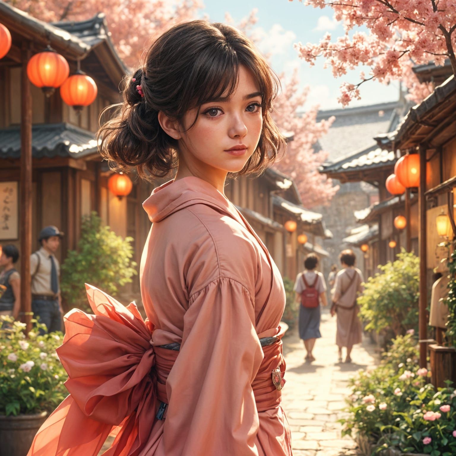 Anime Girl in Kyoto with Lanterns and Flowers