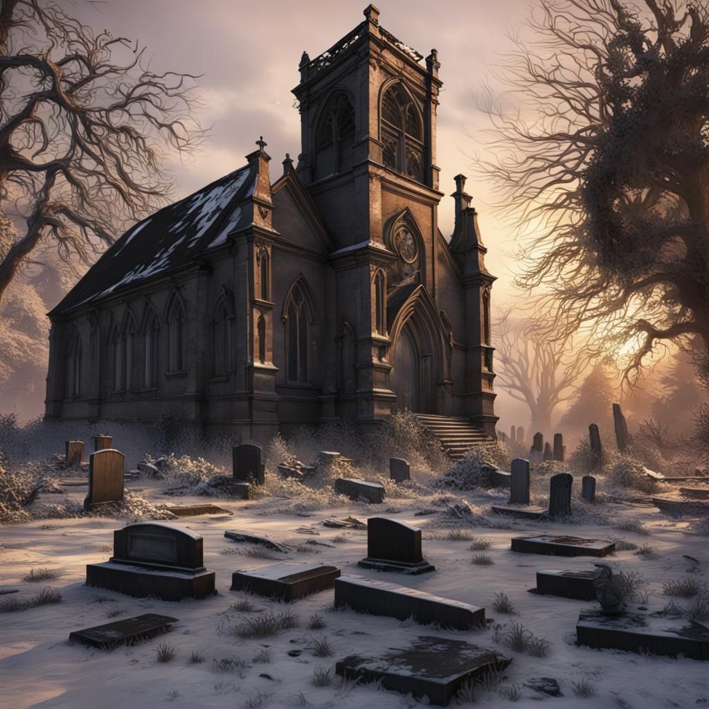 Abandoned Victorian Church and Graveyard in Snow
