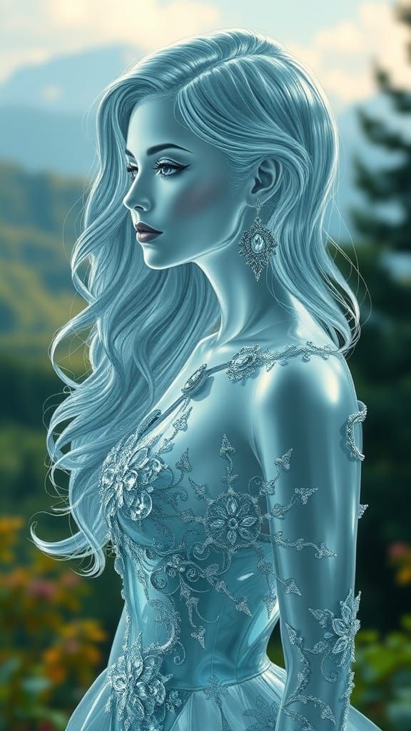 Ethereal Glass Woman in Lush Garden: Digital Art