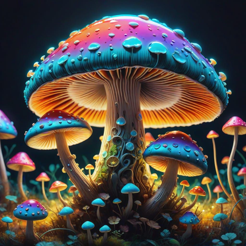 Surreal Mushroom Wonderland in Neon Colors