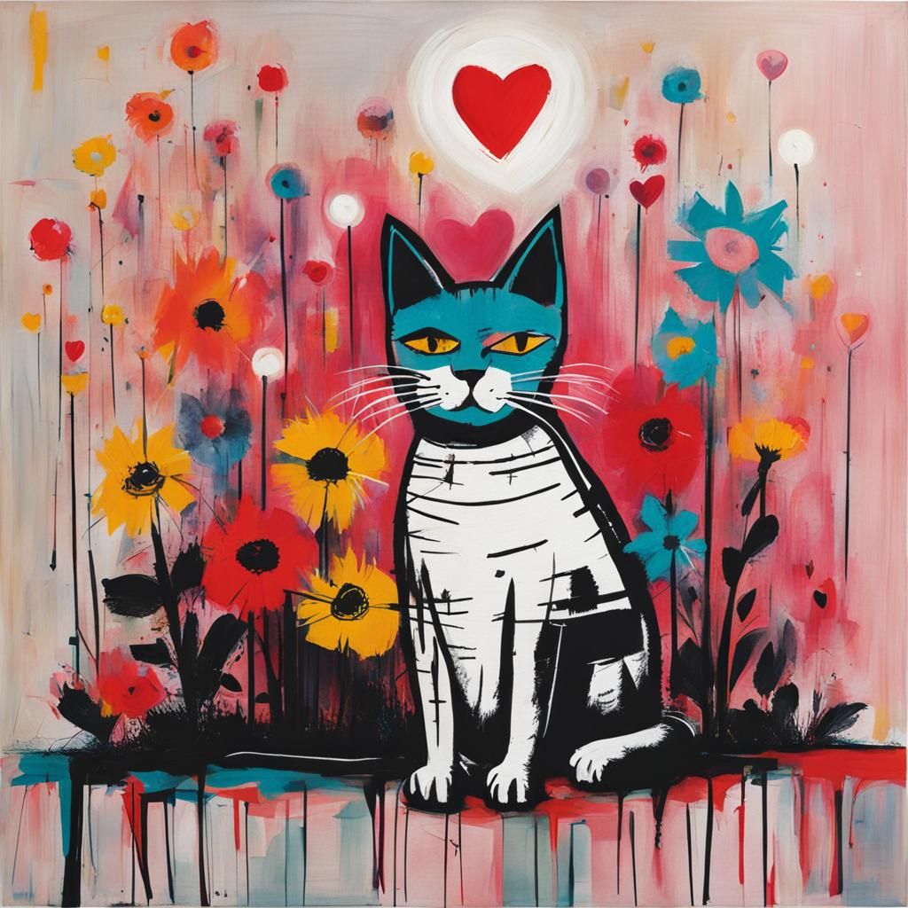 Cat Surrounded by Flowers in Neo-Expressionist Style