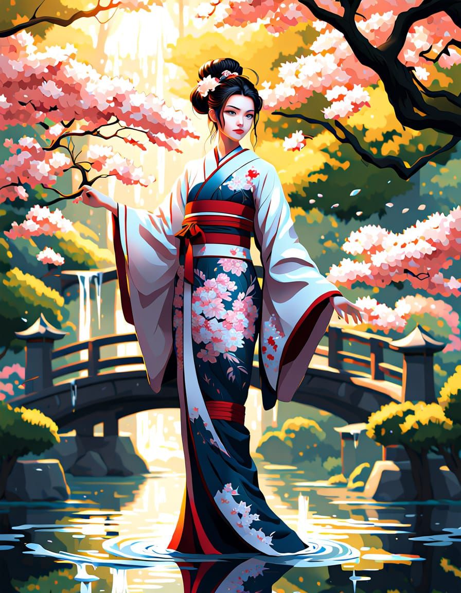 anime female character wearing  kimono  in Japanese garden